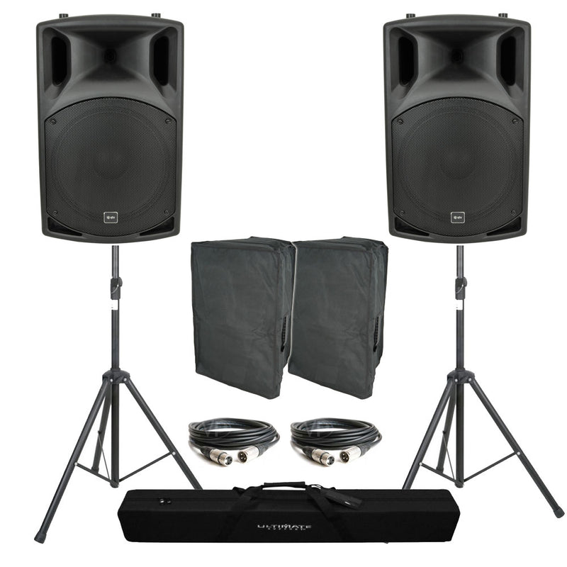 QTX Twin QX12A 800W Active PA Speaker Bundle With Covers & Stands