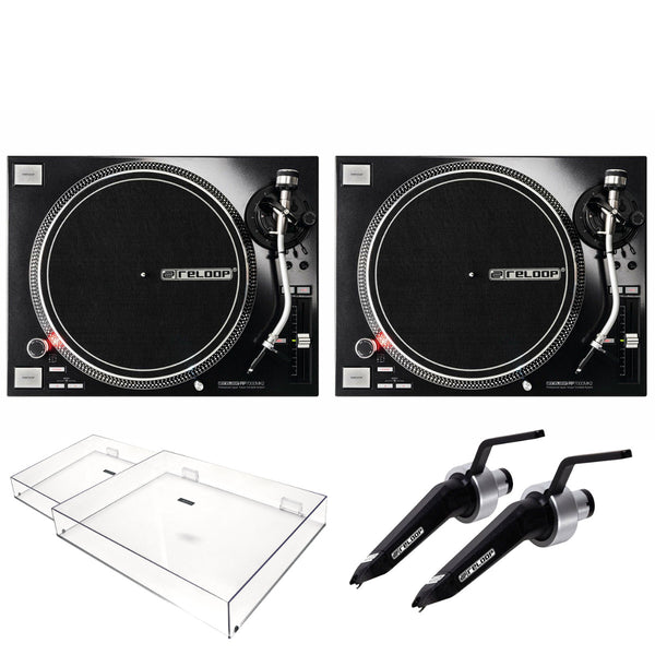 Twin Reloop RP-7000 MK2 Professional Turntable Bundle Inc Lids & Cartridges in Black