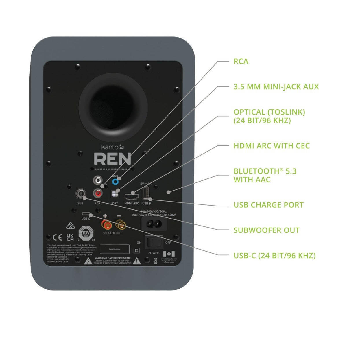 Kanto REN 200W Powered Bookshelf Speakers with HDMI ARC (Matte Grey)