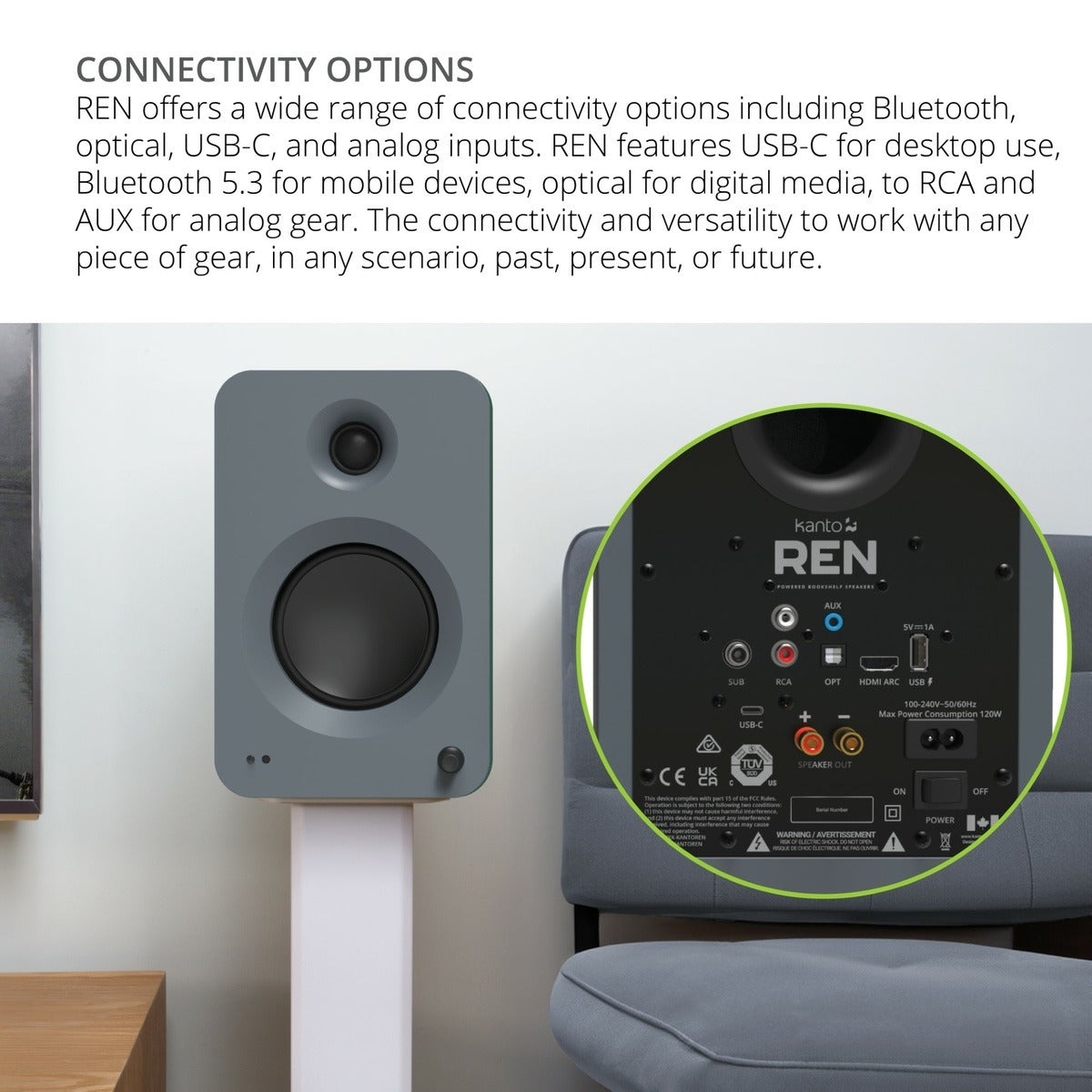 Kanto REN 200W Powered Bookshelf Speakers with HDMI ARC (Matte Grey)