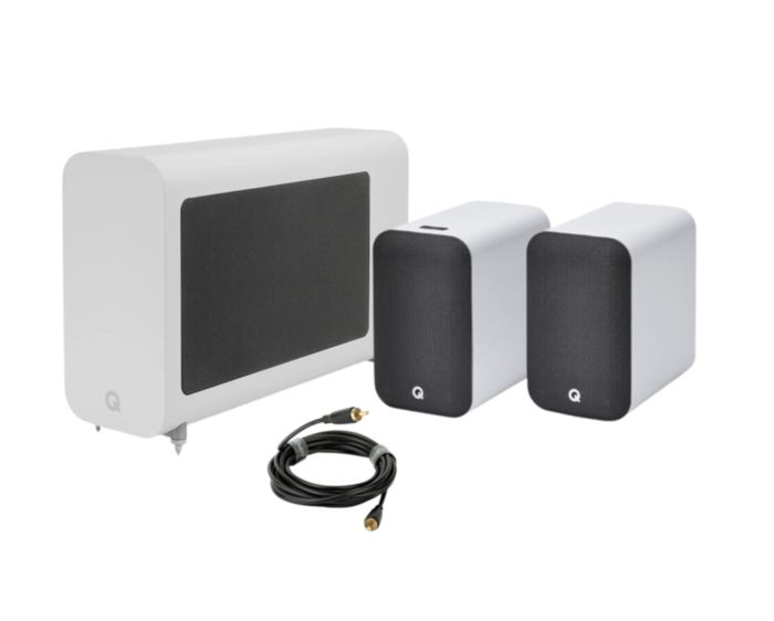 Q Acoustic M20 HD Wireless Music System Speakers - White + Q Acoustics 3060S Slimline Active Subwoofer - Satin White