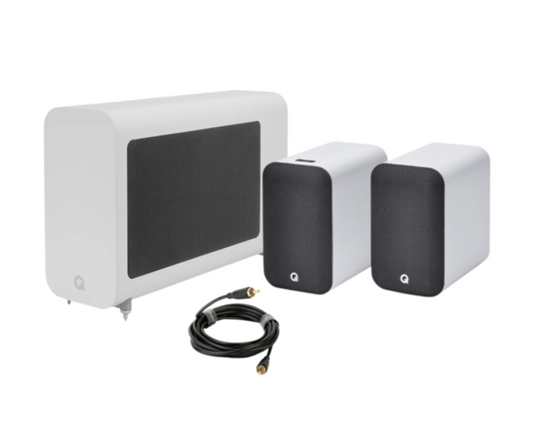 Q Acoustic M20 HD Wireless Music System Speakers - White + Q Acoustics 3060S Slimline Active Subwoofer - Satin White