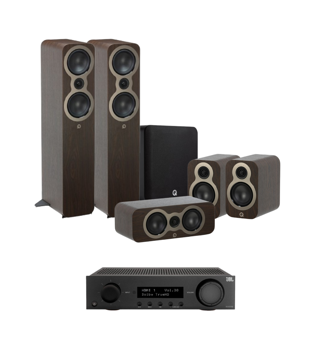 JBL MA510 5.2 8K AV Receiver + Q Acoustics 3050C 5.1 Cinema Pack with Q SUB100 10" Subwoofer Bundle