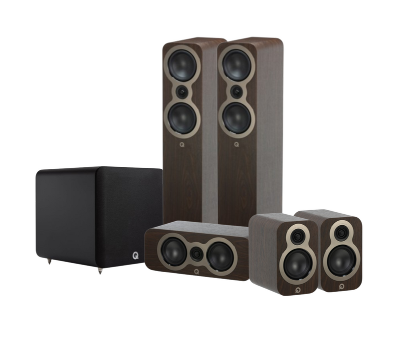 Q Acoustics 3050C 5.1 Cinema Pack – Claro Walnut with Q SUB100 10" Subwoofer – Satin Black