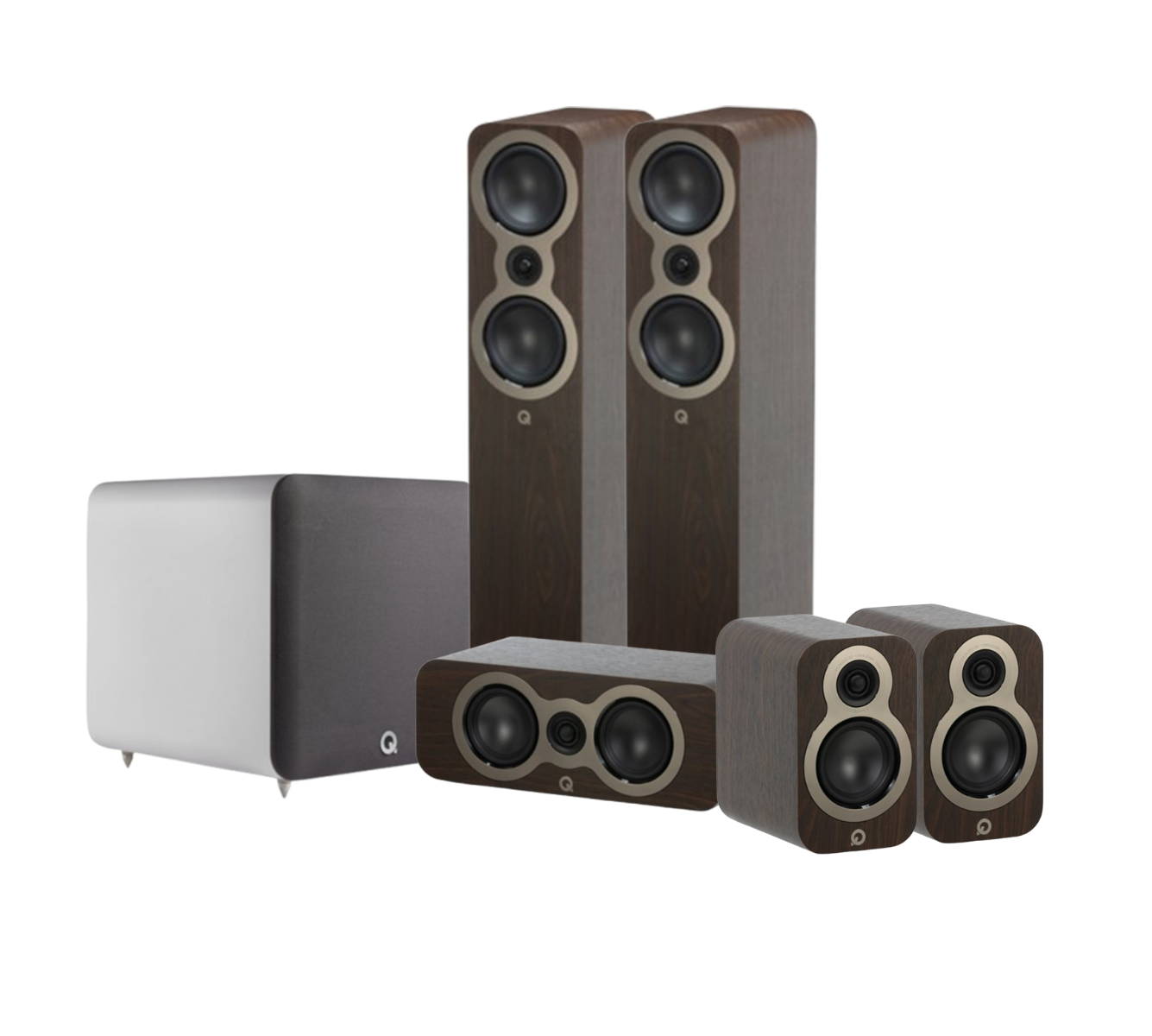 Q Acoustics 3050C 5.1 Cinema Pack – Claro Walnut with Q SUB120 12" Subwoofer – Satin White