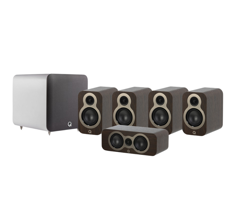 Q Acoustics 3010C 5.1 Cinema Pack – Claro Walnut with Q SUB80 8" Subwoofer – Satin White