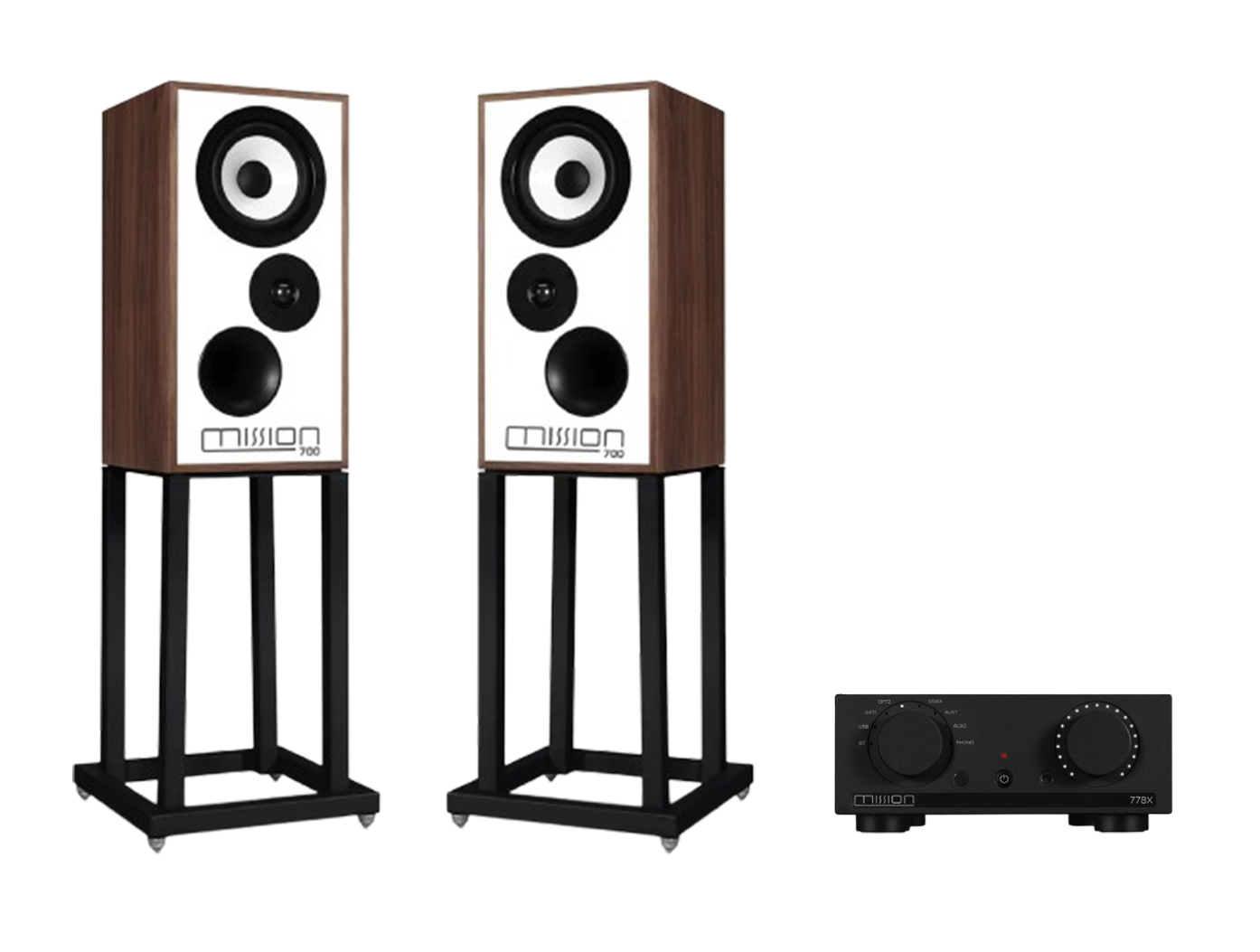 Mission 778X Stereo Amplifier + Mission 700 Bookshelf Speakers with Mission 700 Stands