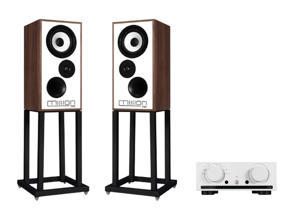 Mission 778X Stereo Amplifier + Mission 700 Bookshelf Speakers with Mission 700 Stands
