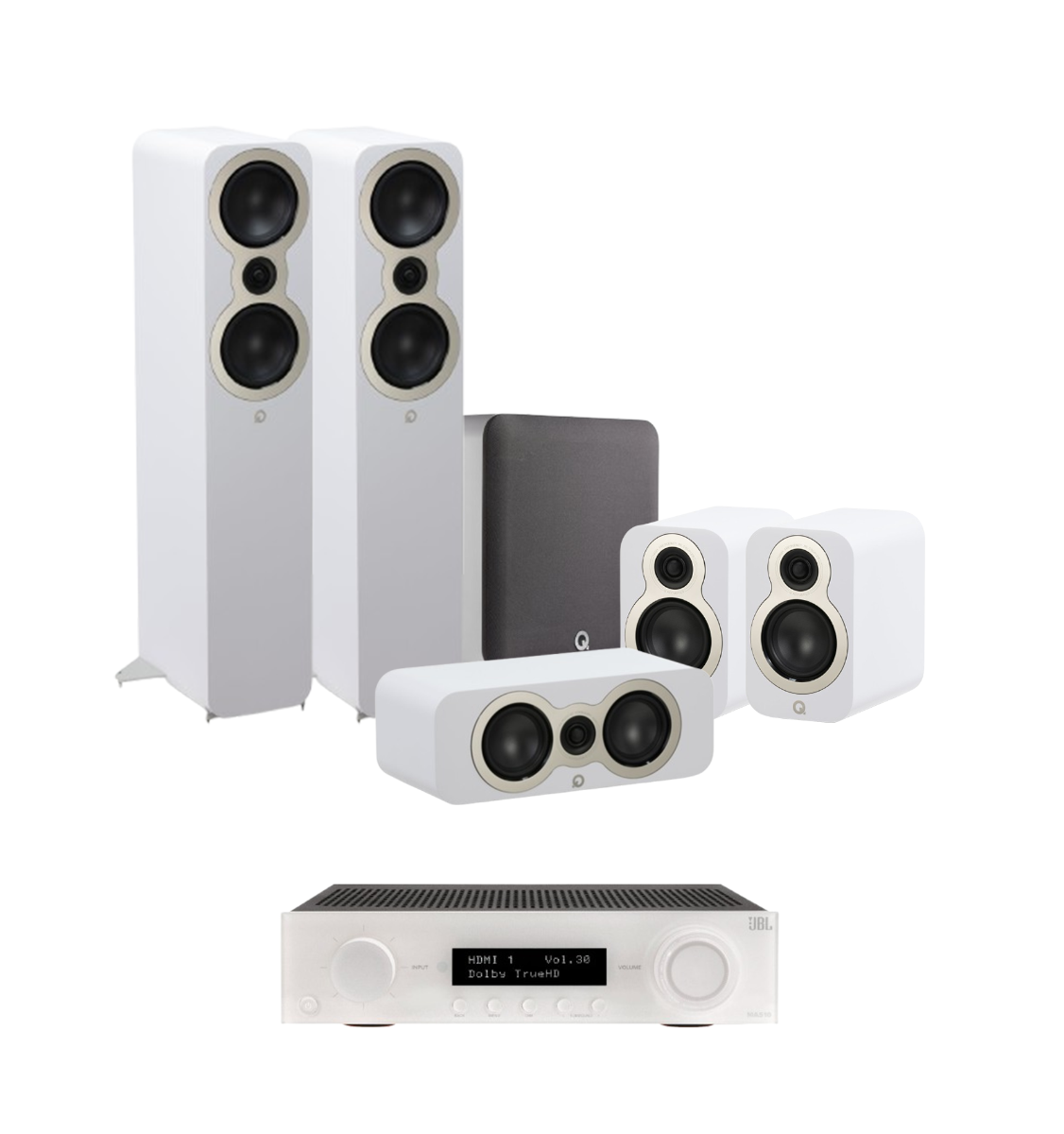 JBL MA510 5.2 8K AV Receiver + Q Acoustics 3050C 5.1 Cinema Pack with Q SUB100 10" Subwoofer Bundle