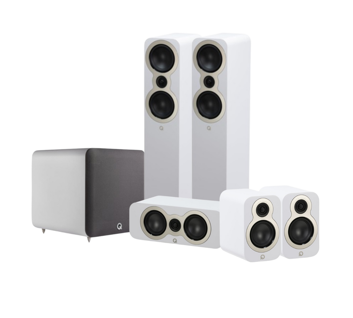 Q Acoustics 3050C 5.1 Cinema Pack – Satin White with Q SUB100 10" Subwoofer – Satin White