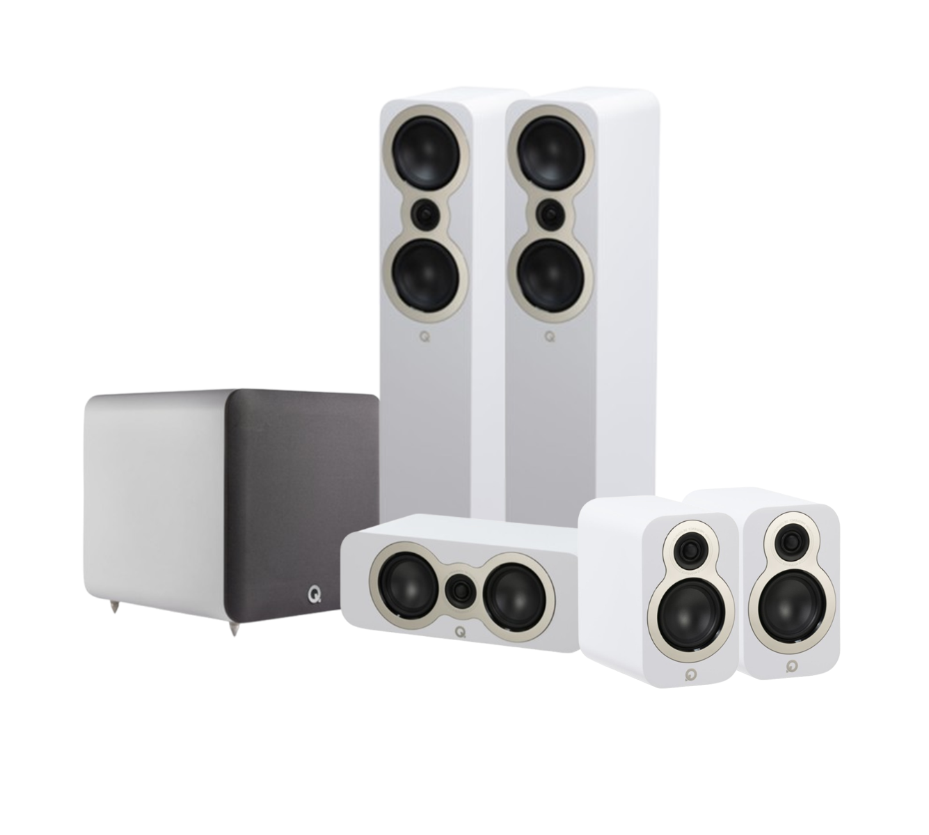 Q Acoustics 3050C 5.1 Cinema Pack – Satin White with Q SUB100 10" Subwoofer – Satin White