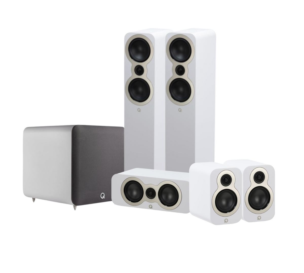 Q Acoustics 3050C 5.1 Cinema Pack – Satin White with Q SUB120 12" Subwoofer – Satin White