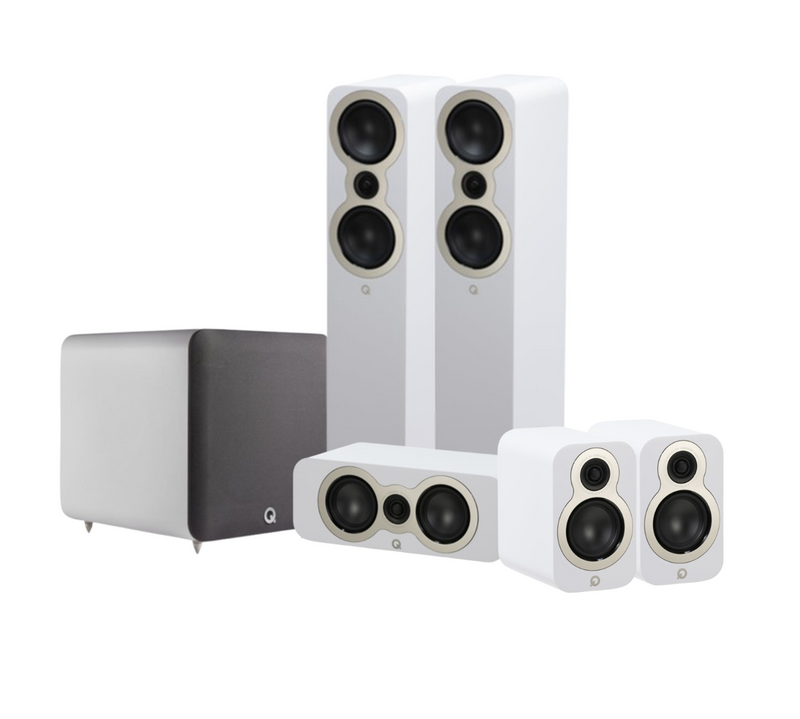 Q Acoustics 3050C 5.1 Cinema Pack – Satin White with Q SUB120 12" Subwoofer – Satin White