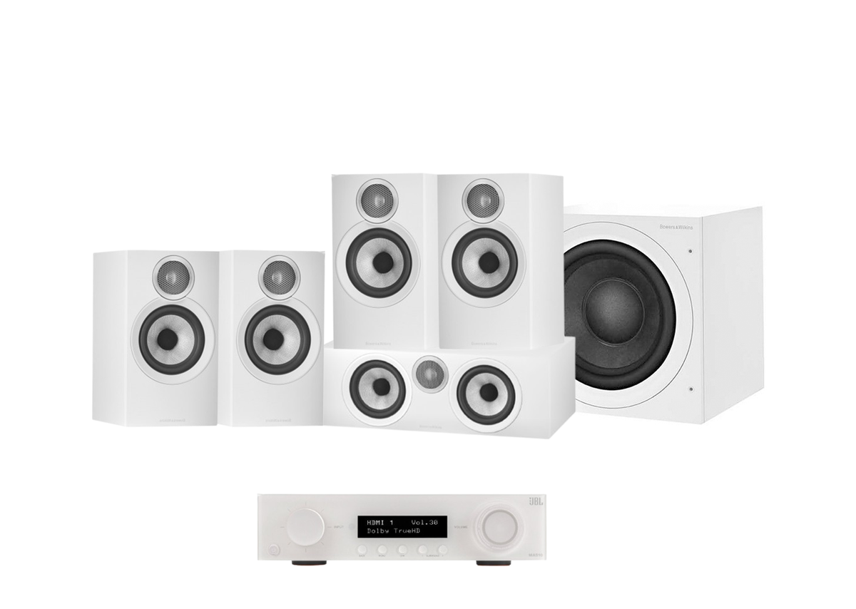 JBL MA510 5.2 8K AV Receiver + Bowers & Wilkins 607 S3 5.1 Cinema Pack with ASW608 8” Subwoofer