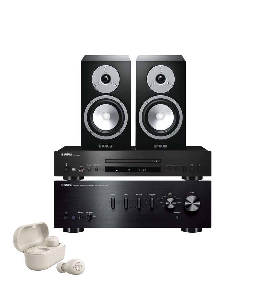 Yamaha HiFI Package - A-S301 Amplifier + CD-S303 CD Player Black, NS-BP301 Speakers Black + Free TW-E3B Wireless Earphones