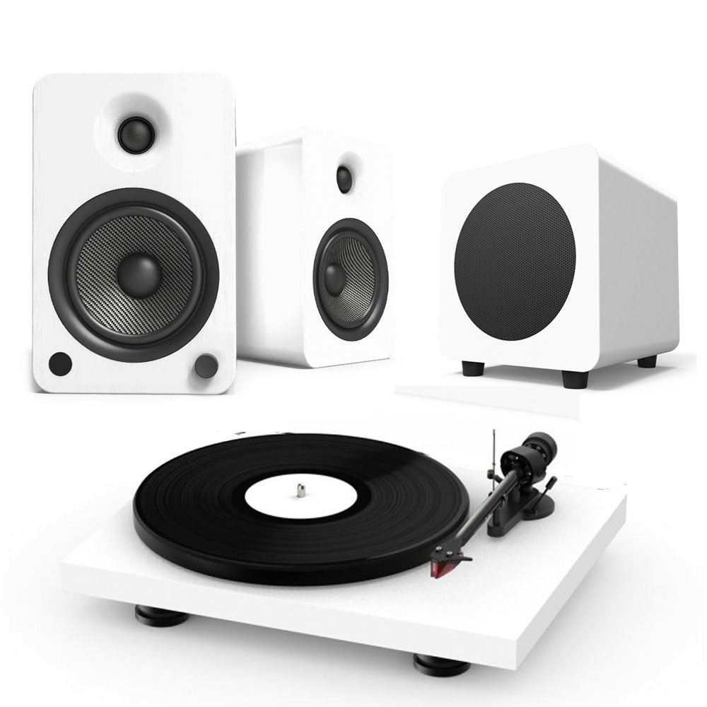 Pro-Ject Debut Carbon Evo Turntable + Kanto YU6 + SUB 8 MKII Bundle in Matt White